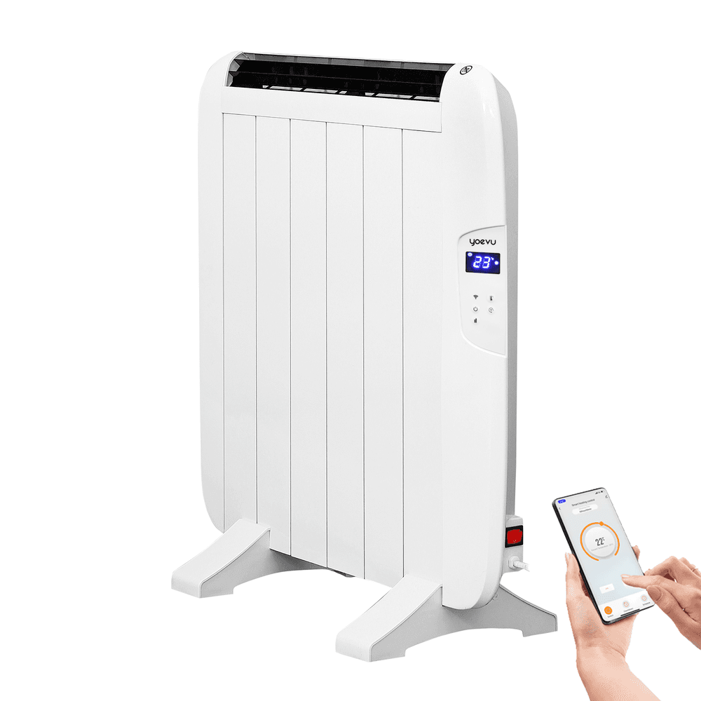 YOEVU - Radiador eléctrico bajo consumo, 4 elementos, 900 W, temporizador, Programable, Mando a distancia, Pantalla LCD, APP control wifi, Compatible con Alexa, Apto pared o pie, Aluminio, Blanco