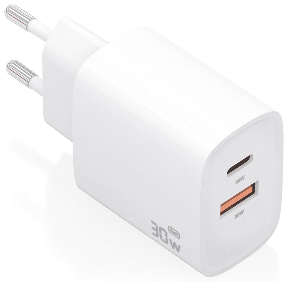 AISENS Cargador GaN 30W, 1xUSB-C PD3.0 QC4.0, 1xUSB-A QC3.0, Blanco