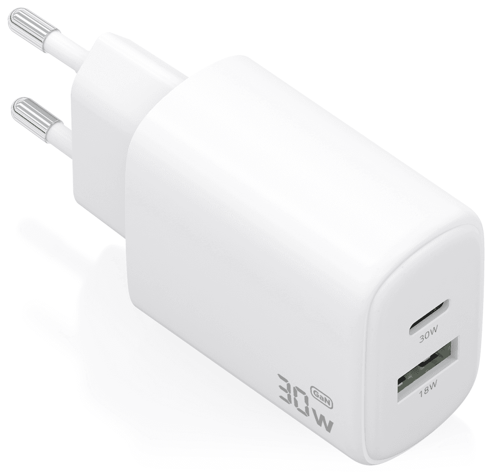 AISENS Cargador GaN 30W, 1xUSB-C PD3.0 QC4.0, 1xUSB-A QC3.0, Blanco